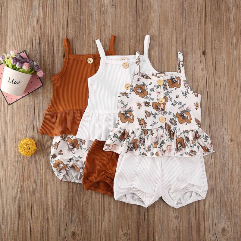 Pudcoco 2Pcs Kids Baby Meisje Kleding Mouwloze Knop Ruches Tops Jurk Bloem Shorts Broek Outfit Zomer