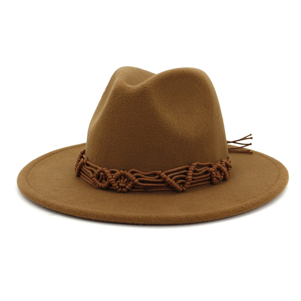 HanXi Women Hat Wool Fedoras Felt Hat Flat Brim Cap Twist Band: khaki