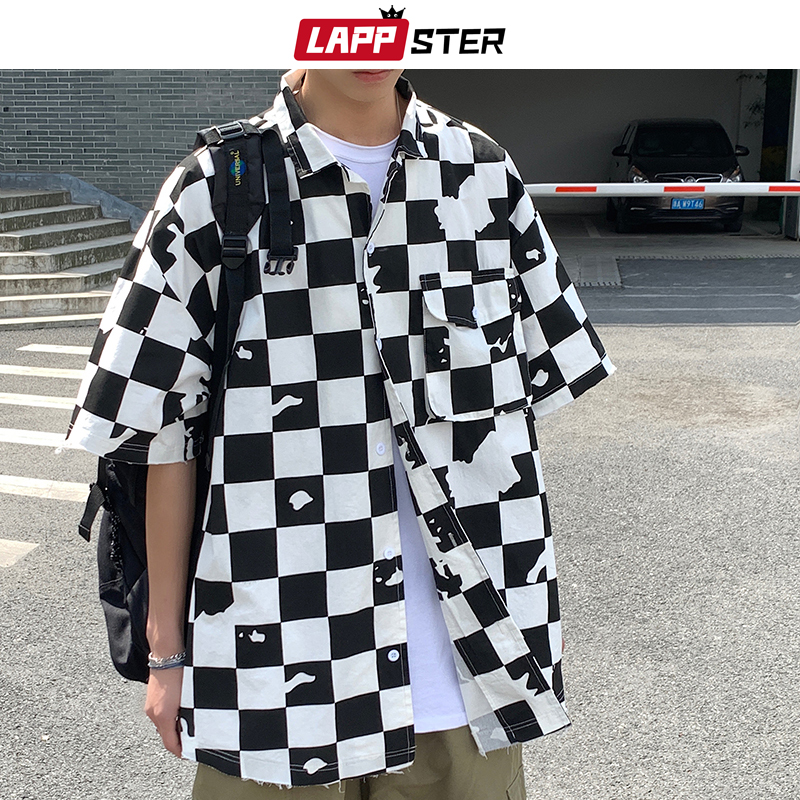 LAPPSTER Men Korean Damage Plaid Shirts Short Sleeve Summer Women Harujuku Blouses Japanese Streetwear Button Up Shirts