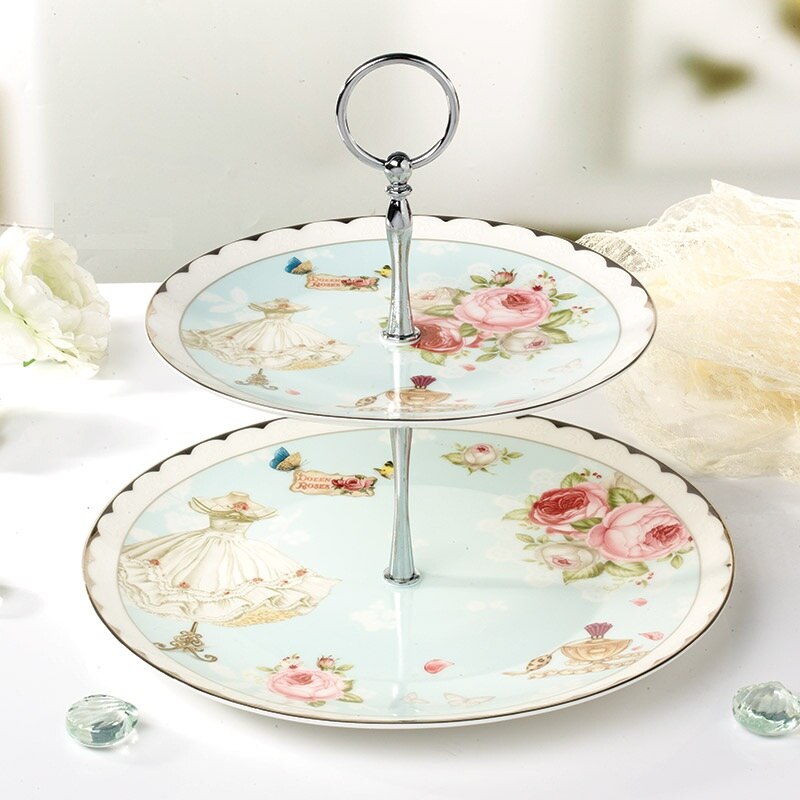 Ceramic Double Layer Fruit Dessert Plates Cake Snack Tray Holder Display Rack European Flower Style Living Room Home Decor Plate