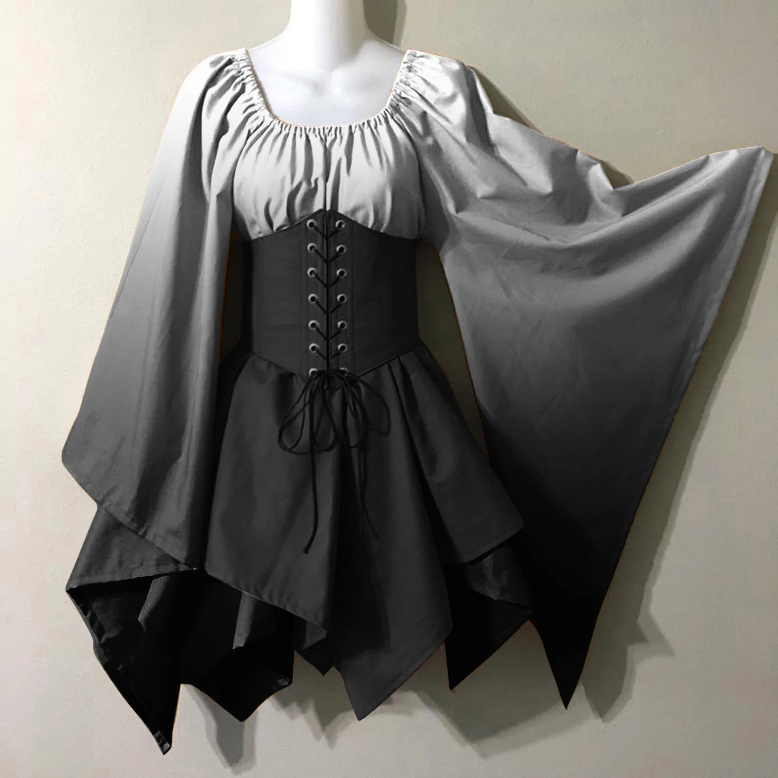 Robe de Cosplay Rétro à Imprimé Dégradé pour Femme, Tenue de Spectacle d'Halloween, Rinascimento du Moyen Âge: XXL / Beige