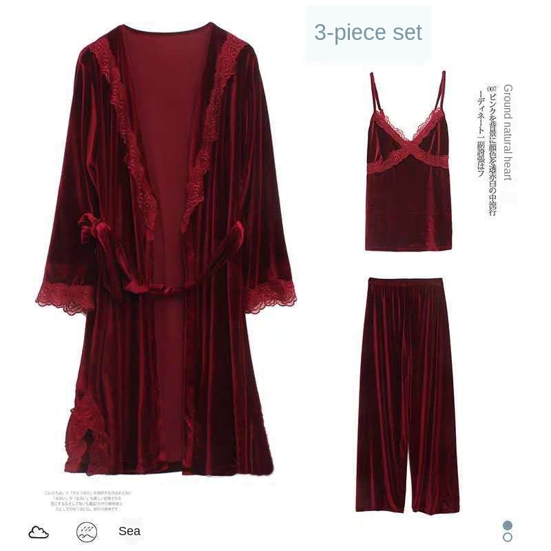 Camisón de terciopelo para mujer, traje de tres piezas, SEXY, con encaje y pantalones, para primavera y otoño
