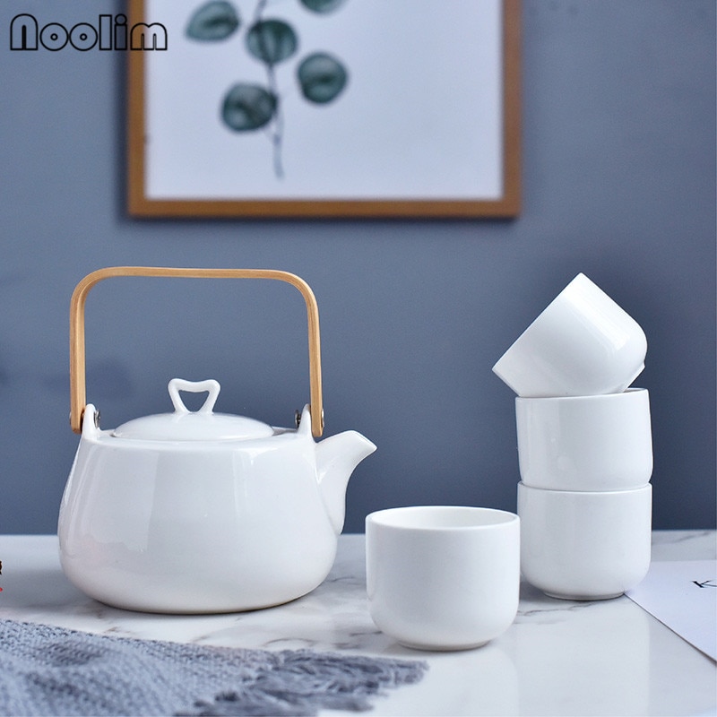 Japanese Style Handmade White Porcelain Tea Pot With Wooden Handle Concise Teaware Set