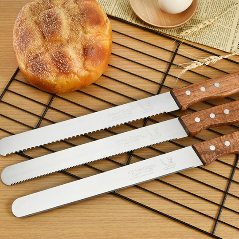 Stainless Steel Bread Serrated Knife Wooden Handle Cake Spatula Baguette Slicing Baking Cooking Tools Kitchen Accessories