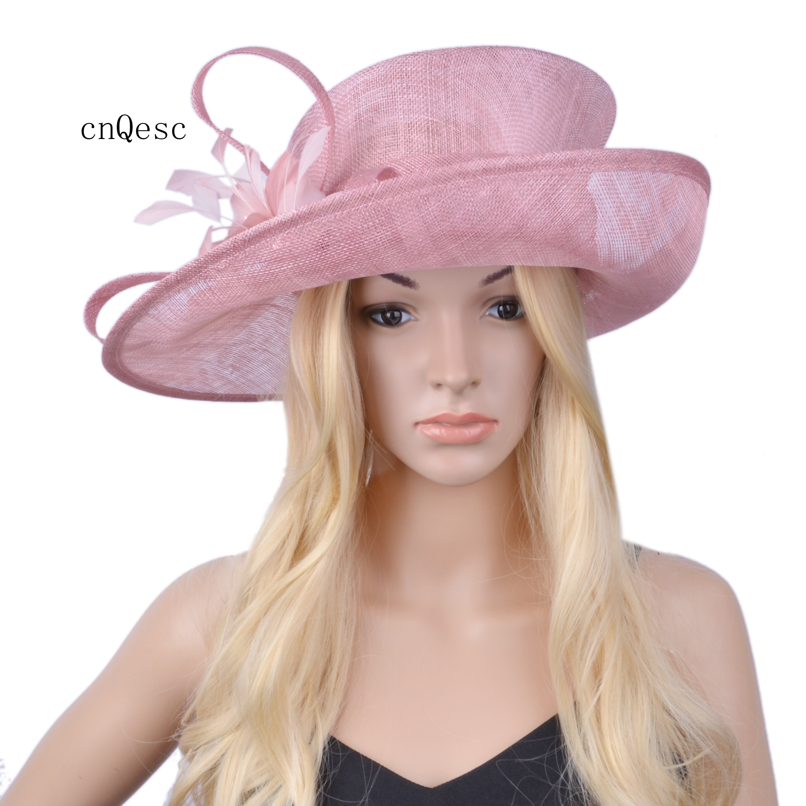 Blush pink big brim sinamay hat for Church.