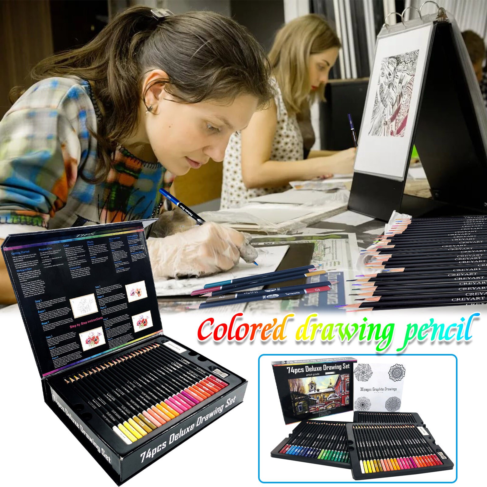 75pc Children's Pencil Art Painting Set Kit Children Beginner Birthday Handmade Pencil Sketch Kit Stationery