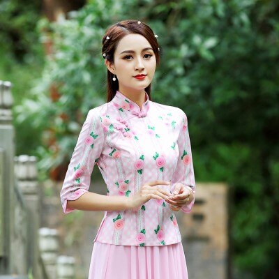 Sheng coco parantaa qipao pusero vaaleanpunainen topit perinteinen kiinalainen pusero hoikka naisten teline lyijypainatus puuvilla itämaiset paidat: Vaaleanpunainen qipao pusero  / M