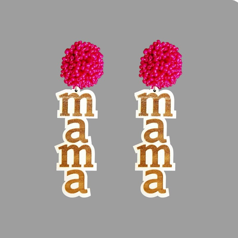 Seed Bead Dome Topper Earring Block Letter MAMA Dangle Wooden Earrings Mother&#39;s Day Baby Shower Attire Beaded &amp; Mom EAR0897: ROSE