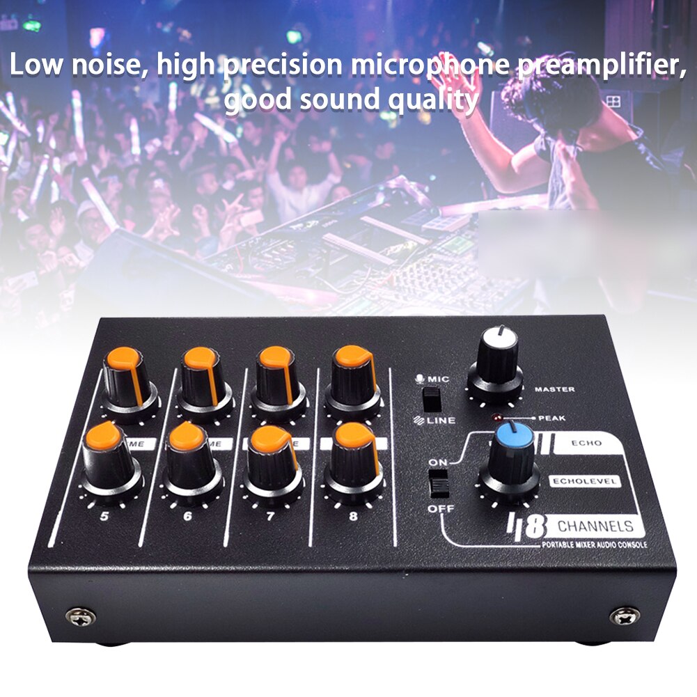 Stereo Metalen Thuis Mini Draagbare Professionele Party 8 Kanalen Zwart Mengen Console Mono Audio Mixer Schakelbare Dj Karaoke