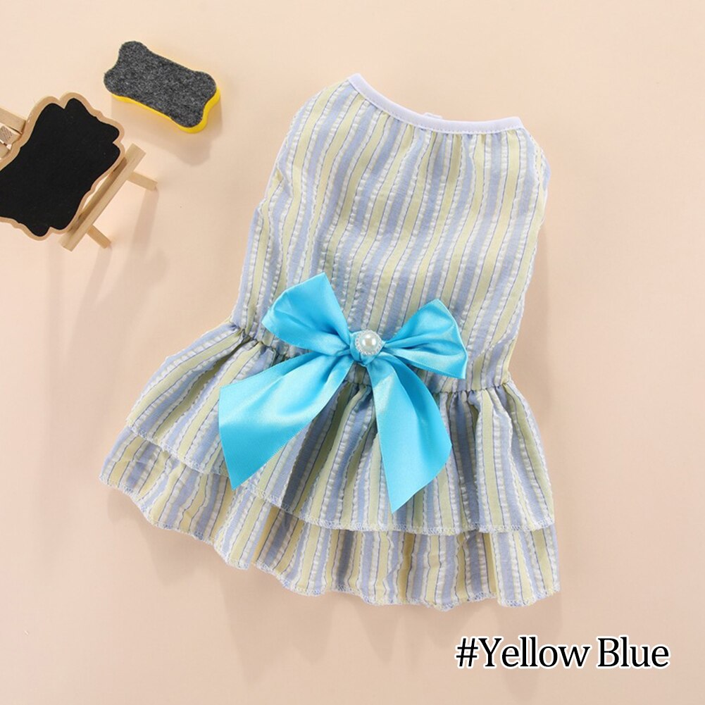 Soft Cute Dog Dress Vertical Stripe Butterfly Pet Dress Comfortable Puppies Cat Princess Dress Party Dog Dress Wedding Pet Dress: Yellow Blue / L