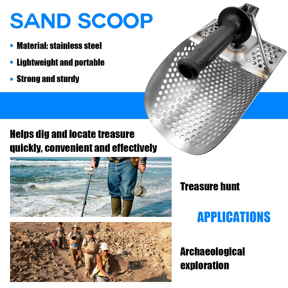Strand sand scoop med håndtag metal detekteringsværktøj rustfrit stål detektor hurtigt sigtende metal detektor