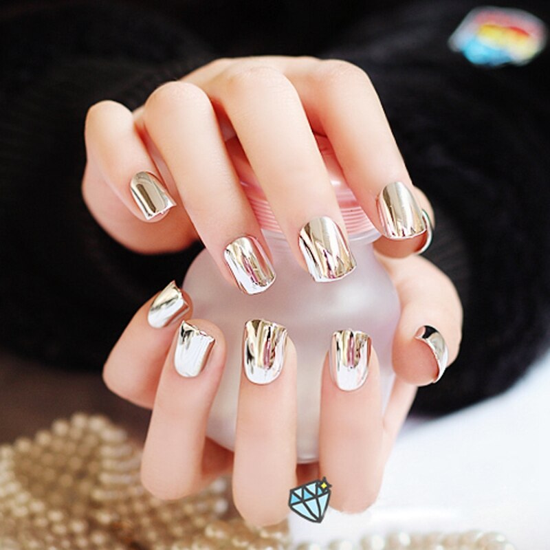 Sexy False Metallic Nails Tips Acrylic Mirror Shining Surface Gold 24pcs Short Hand Nails: N06 silver