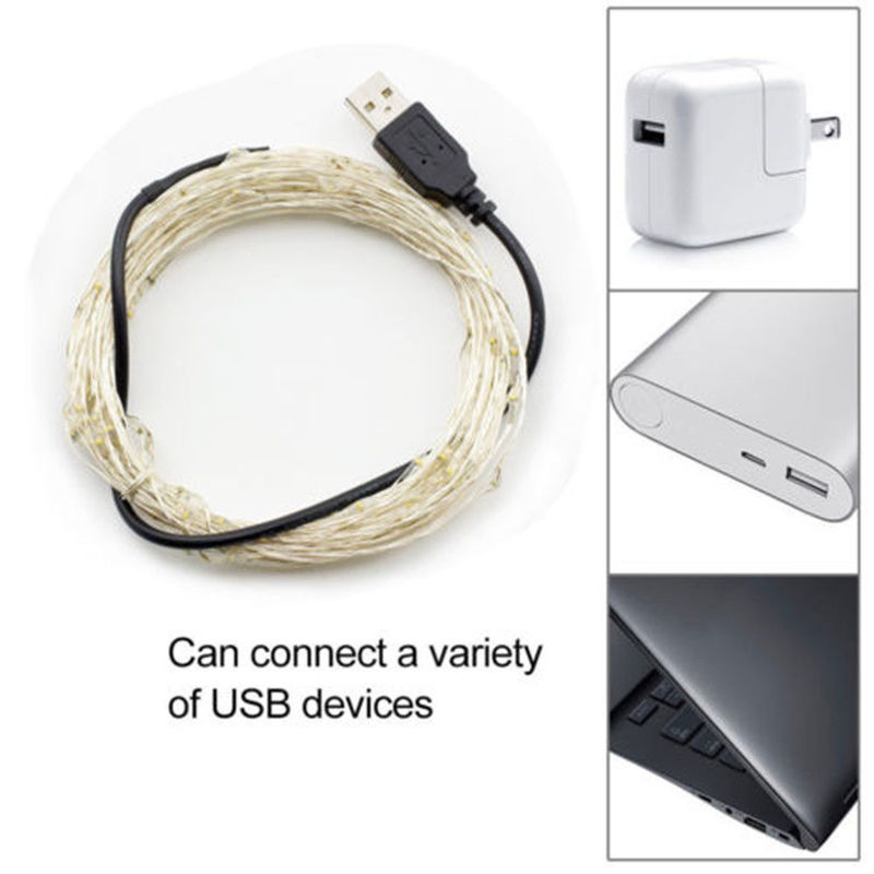 Guirlande lumineuse LED féerique en fil d'argent, 1M/5M/10M, pour noël, chambre à coucher, maison, mariage, nouvel an, décor, alimenté par USB