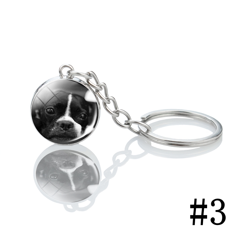 Men's Boston Terrier Keychain Black and White Dog Photo Glass Ball Pendant Keyring Decoration Pendant for Women: green