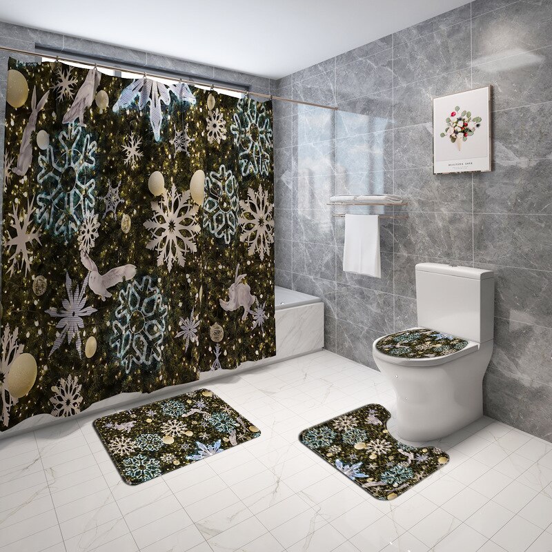 Julebademåtte og badeforhæng print badeforhæng gulvmåtte mikrofiber badeværelsesmåtte sæt vandtæt fodmåtte: 4 stk -246