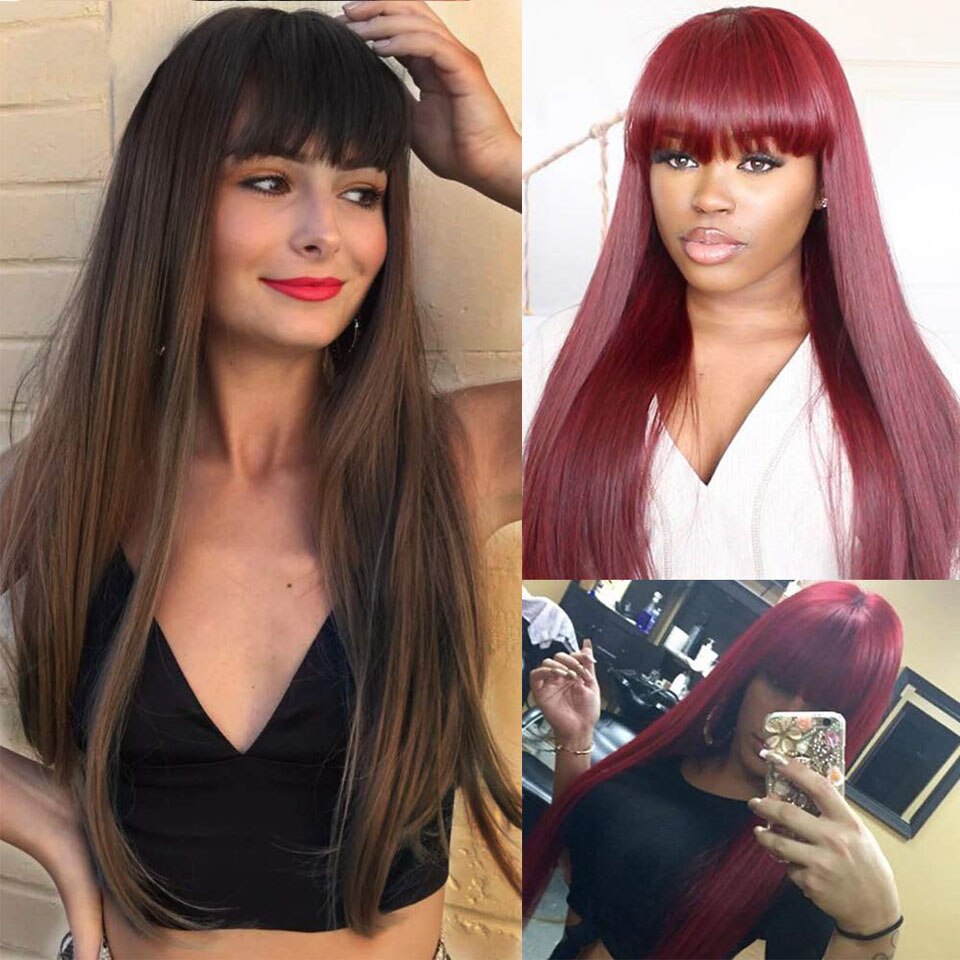 I's a wig peruca longa lisa preta com franja, para mulheres negras, peruca sintética vermelha marrom, moda diária, resistente ao calor, traje de cabelo