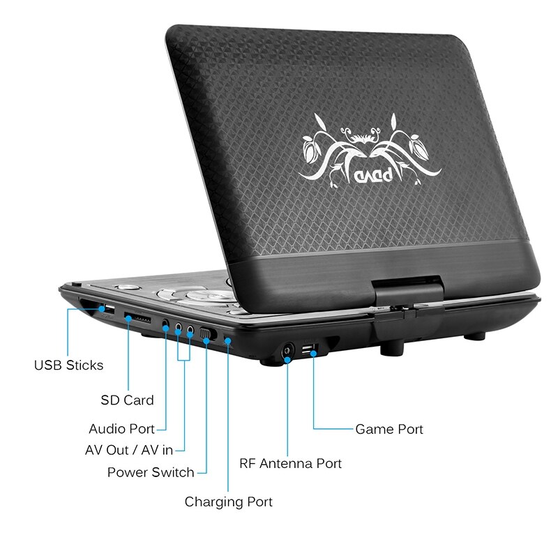 9.8Inch Portable DVD Player USB FM Radio Receiver AV CD Speakers Game Player Mini TV Player with Games Joysticks-EU Plug
