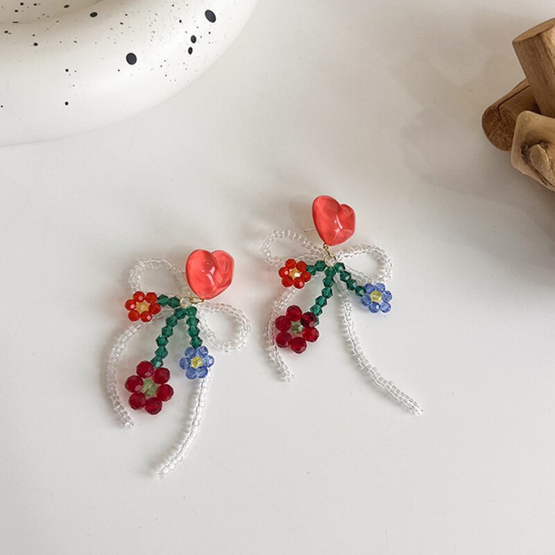 Pendientes colgantes de cristal para mujer y niña, aretes de resina con forma de corazón, flor, rojo, Vintage, francés, accesorios de joyería,
