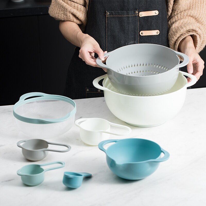 Taza medidora de plástico para hornear, cesta de drenaje multifuncional para verduras y frutas, juego de herramientas de cocina para hornear, 8 unids/set por juego