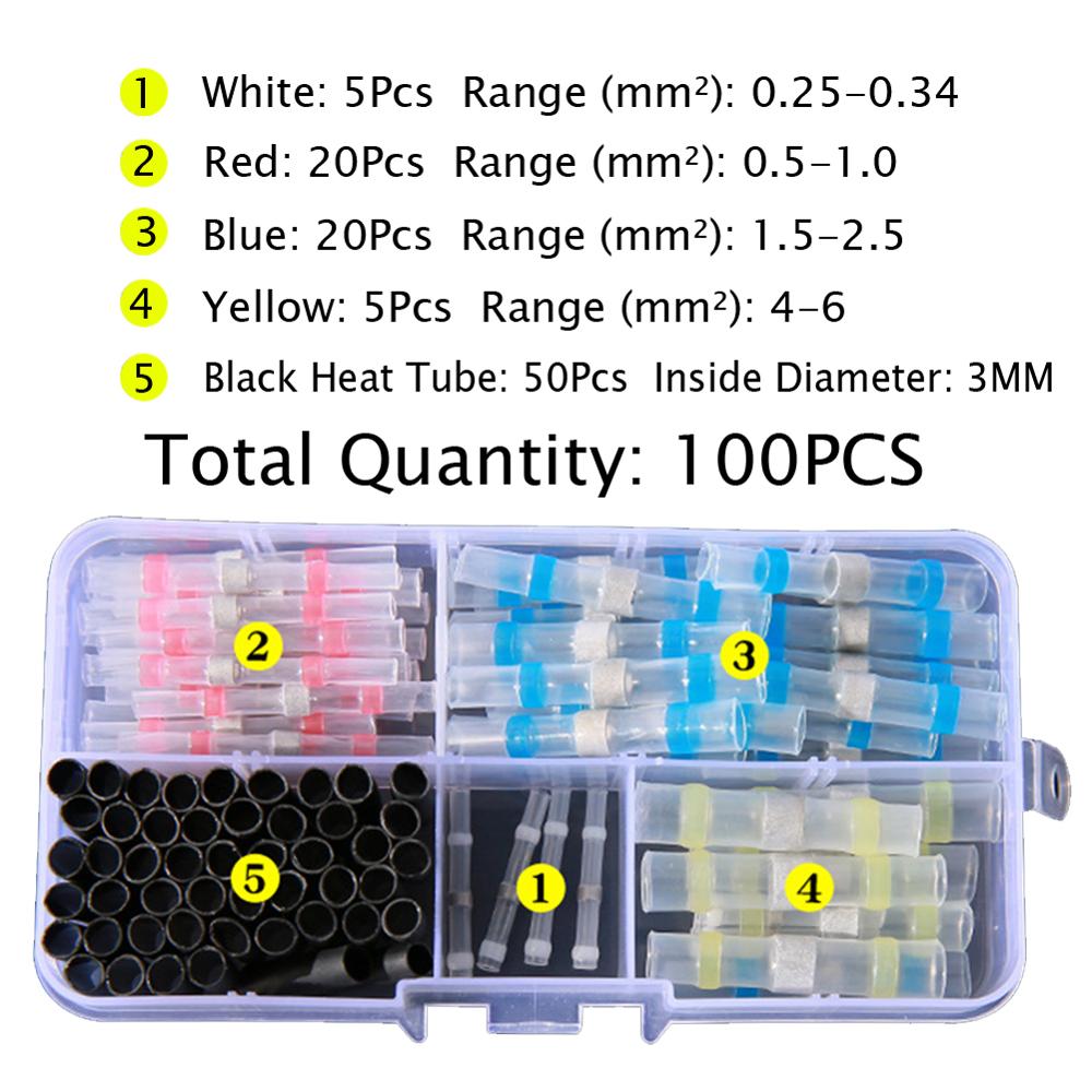 OLOMM 100/50Pcs Tin Ring Crimp Terminal Connector Solder Wire Connector Shrinkage Sleeve Tube for Motorcycle Car Cable Connect