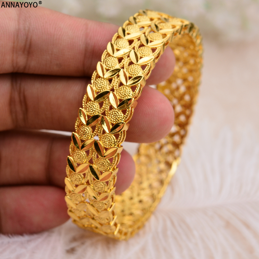 Annayoyo Kan Open 1 Pcs Dubai Gouden Armbanden Breedte Vrouwen Mannen Gouden Armbanden Afrikaanse Europese Ethiopië Meisjes Bruid Bangles