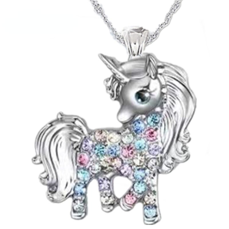 Collar de unicornio de exquisito collar de unicornio de dibujos animados de color unicornio joyería colgante collar de mujer: Silver