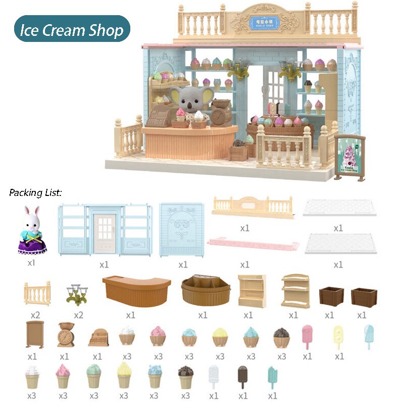 1/12 Forest Animal Family Wing Christmas House Ice Cream Bread Flower Fruit Shop Bunny Dollhouse Girl Play House Toy: Ice Cream Store