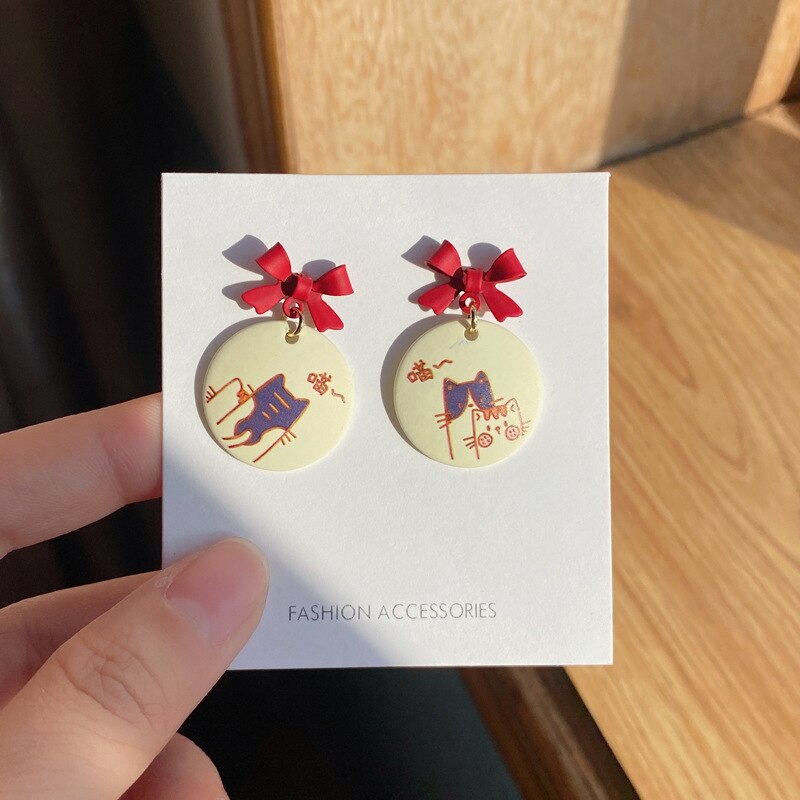 Boucles d'oreilles à Clip de Style japonais, chaton, sans trou, à la , peint en rouge, chat mignon, sans Piercing