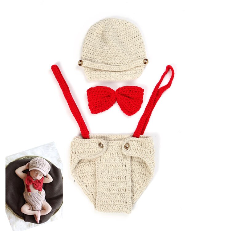 Baby Crochet Boy Gentleman Set Crochet Newborn Hat Bow Tie and Suspender Set Infant Boys Photography Props 1set MZS-14033