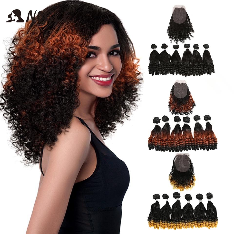 Noble Synthetisch Haar Afro Kinky Krullend Haar Ombre Hair Extensions Bundels Voor Zwarte Vrouwen Synthetisch Haar Kant Met Sluiting