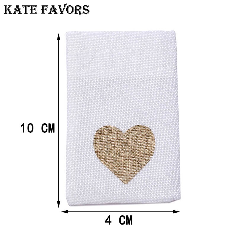 1 PC 10x14CM Hochzeit Taschen Schmuck Tasche modisch Weiß Natürliche Leinen Kordelzug Hochzeit Favor Taschen Beutel herz bilden