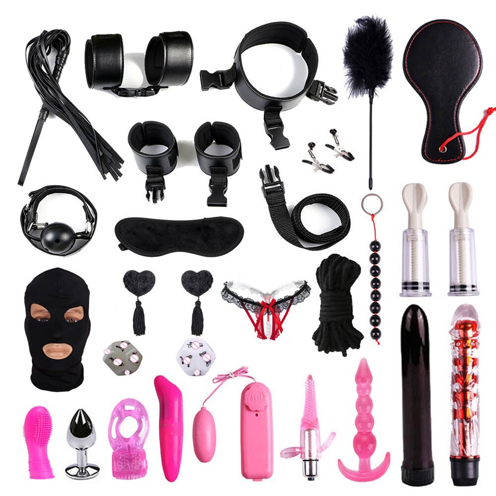 28 stks/set Vrouwen Mannen Speeltjes voor BDSM Spel Handboeien zweep touw Anale plug Mond plug Vibrator Erotische Accessoires Bondage set: black 28pcs