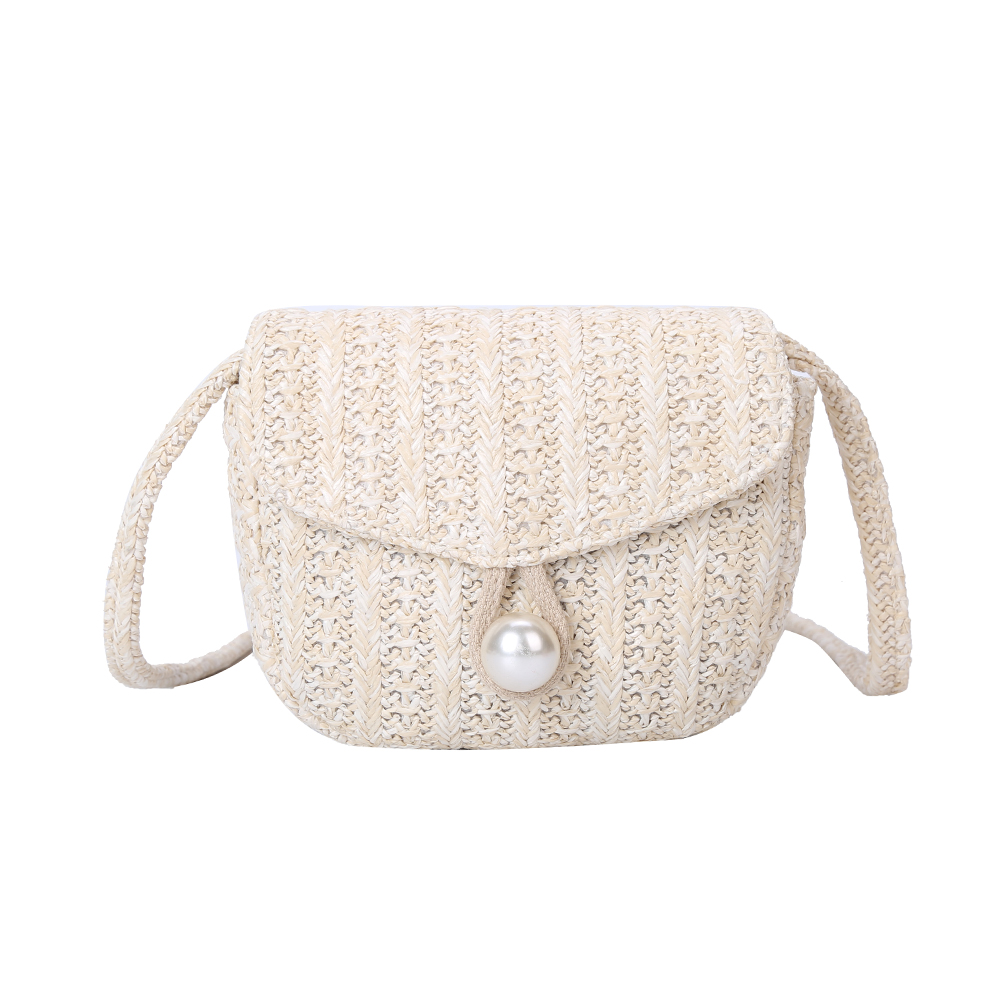 Sac de paille tissé d'été sac de plage avec perle dames tissé seau sac de paille sacs à main chauds embrayage pour les femmes: Beige