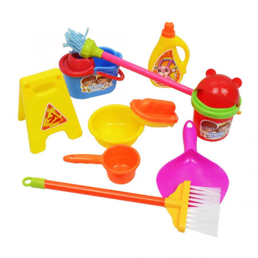 10pcs/Lot Simulation Cleaning Set Mop Broom Ware Plaything Children Play House Cleaning Toys for Kids Pretend Play Learning Toy