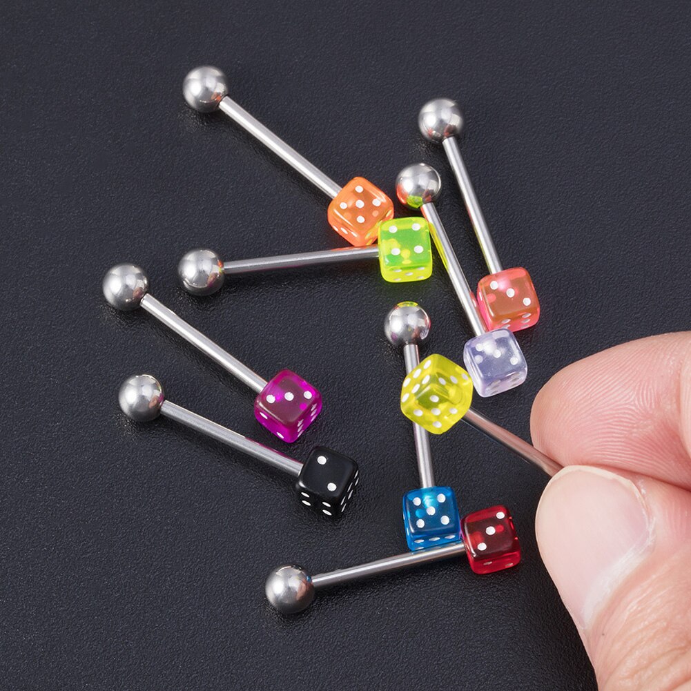 1 Paar Kleurrijke Acryl Tong Piercing Sieraden Geluk Dobbelstenen Tong Ringen Vrouwen Roestvrij Staal Tong Ring Bars Barbell
Leuke