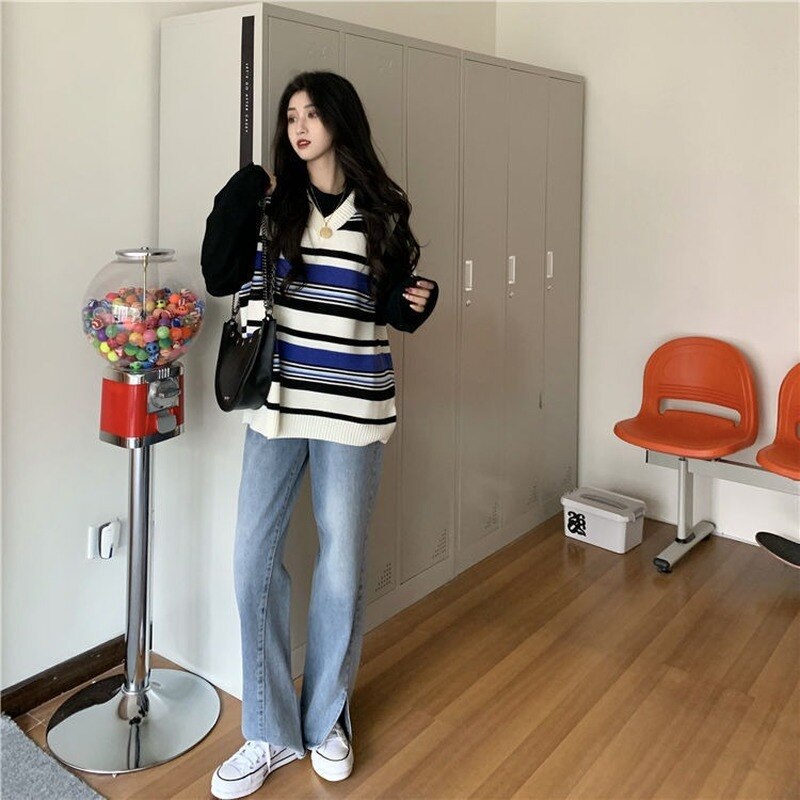 Kamizelka damska swetry na drutach popularny stylowy bez rękawów prosty Model w paski niebieski wypoczynek wiosna dopasowanie luźno projekt odzieży urok