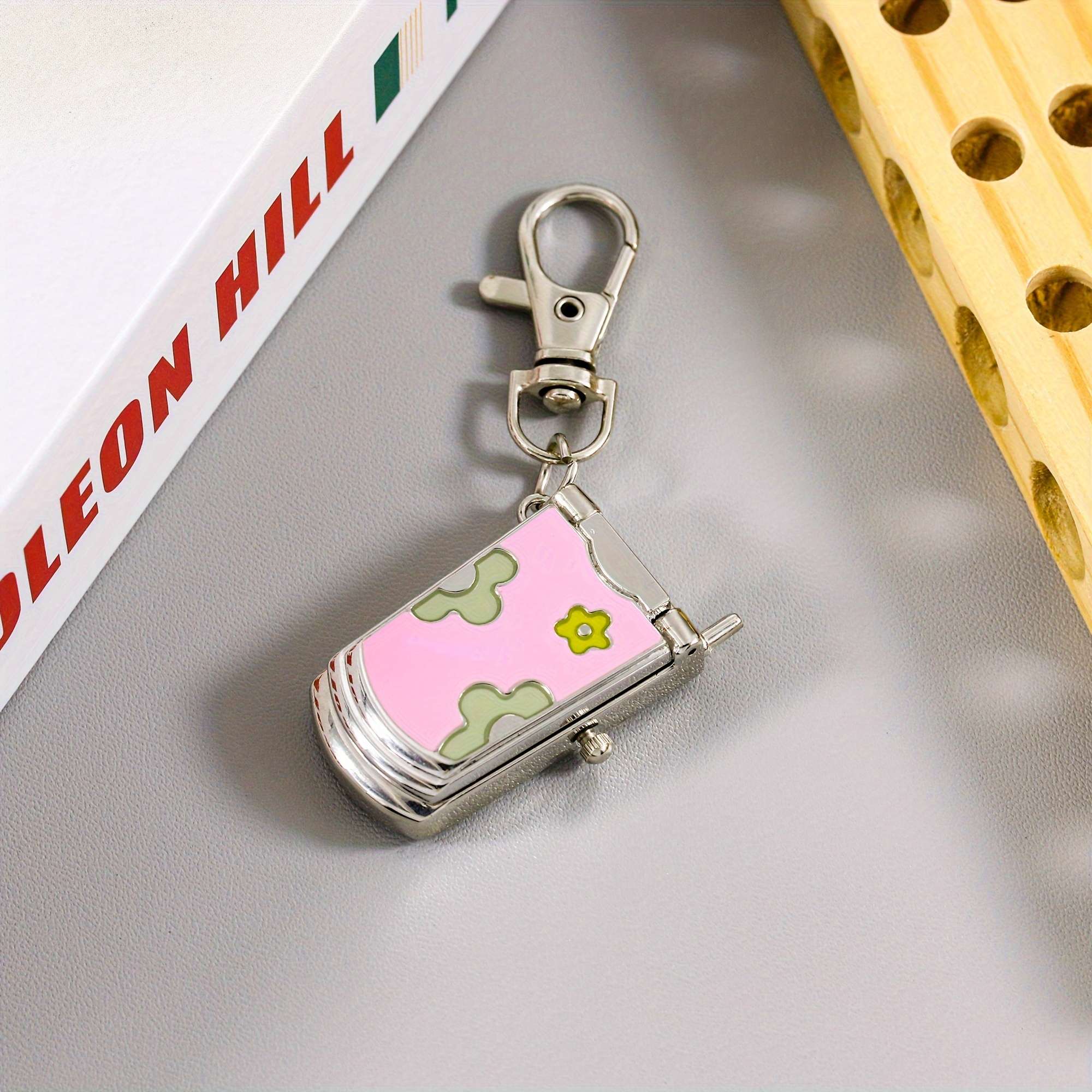 Flip phone keychain watch hanging watch trend retro cute keychain pendant: Pink