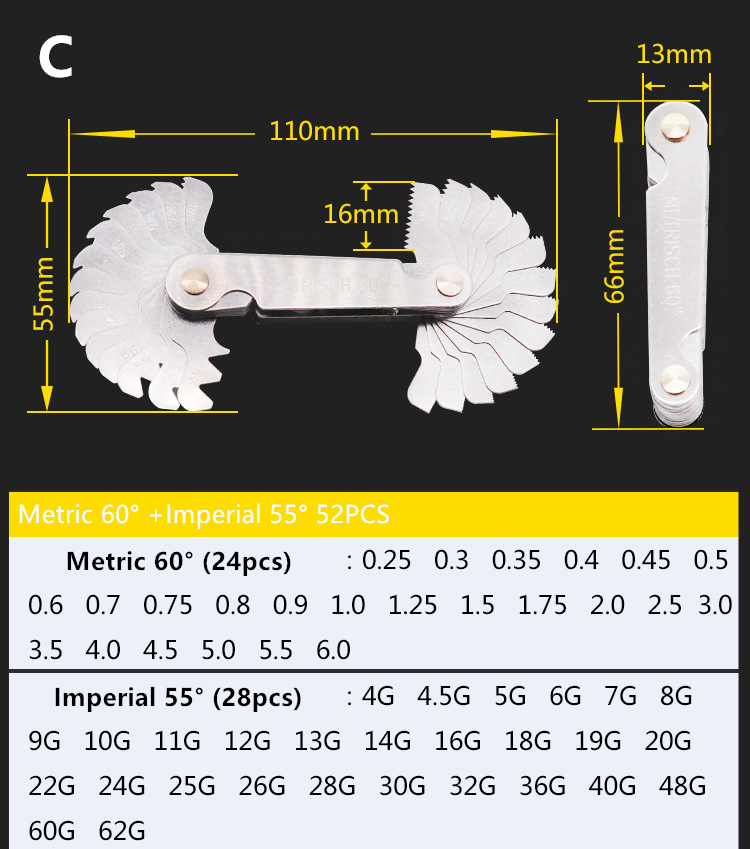 Thread Measuring Gage Gauge Stainless Steel Metric Imperial Screw Pitch Thread Plug Gage30/51/52/60/55°58PCS Metric US UK Pitch