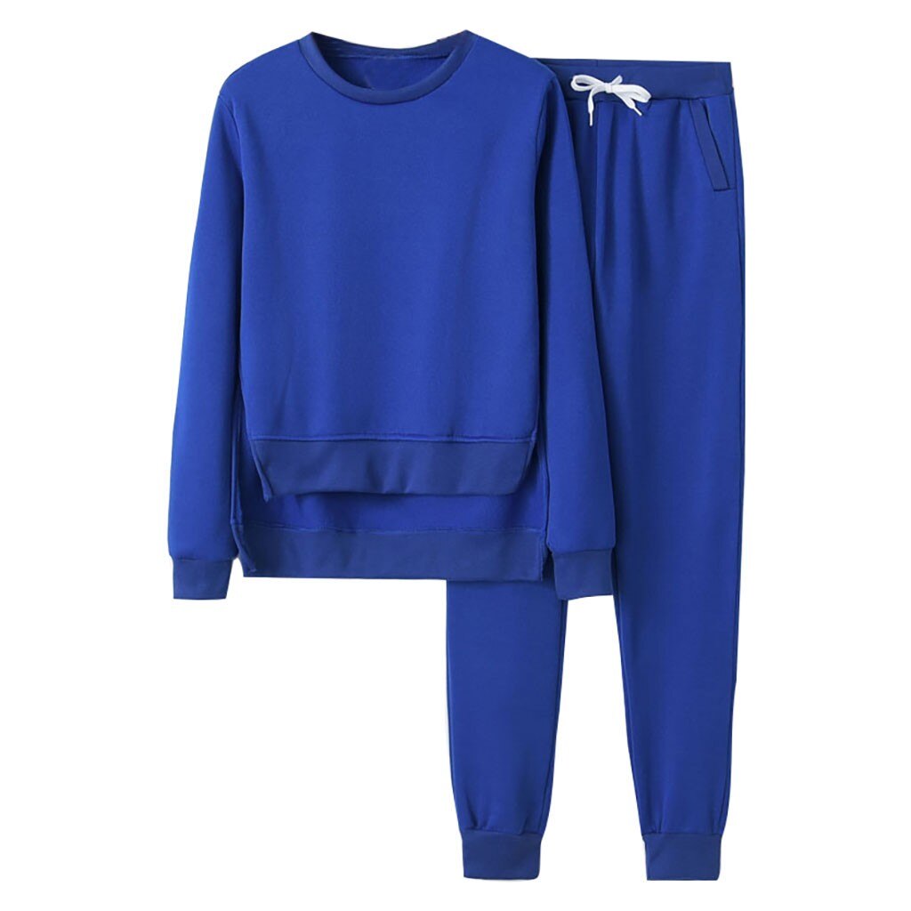 Women's 2-Piece Tracksuit Set - Casual Sport Sweater & Pants - Solid Pattern: Blue / S