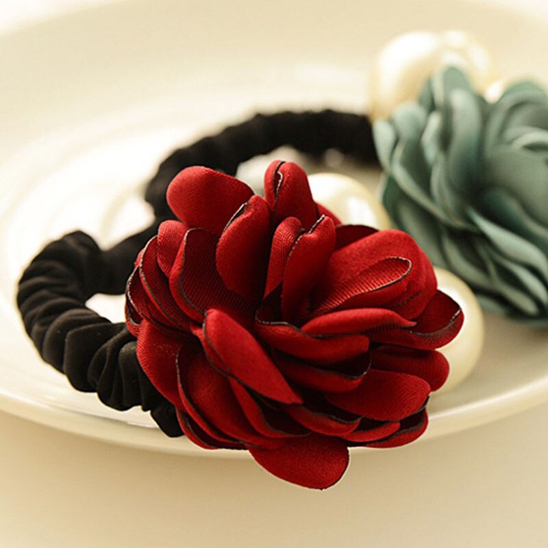 Faixa de cabelo em cetim com rosas, laço de borracha elástico, feminino, faixa de cabelo, rabo de cavalo, borracha: Wine red