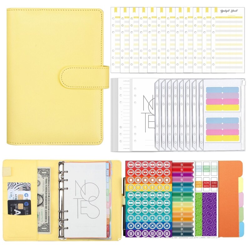 A6 Lederen Bindmiddel Planner Set Met Bindmiddel Zakken Budget Lakens Index Labels: yellow