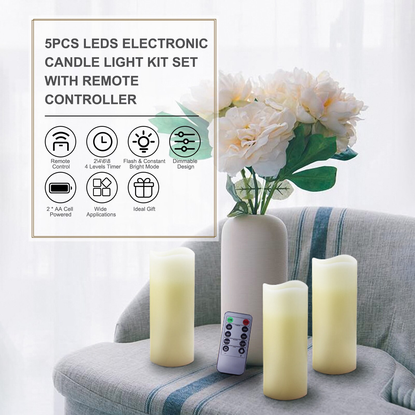 5PCS LEDs Electronic Candle Light Kit Set Flameless Lamp Remote Control Flash &amp; Constant Bright 2/4/6/8 Timer Setting Dimmable