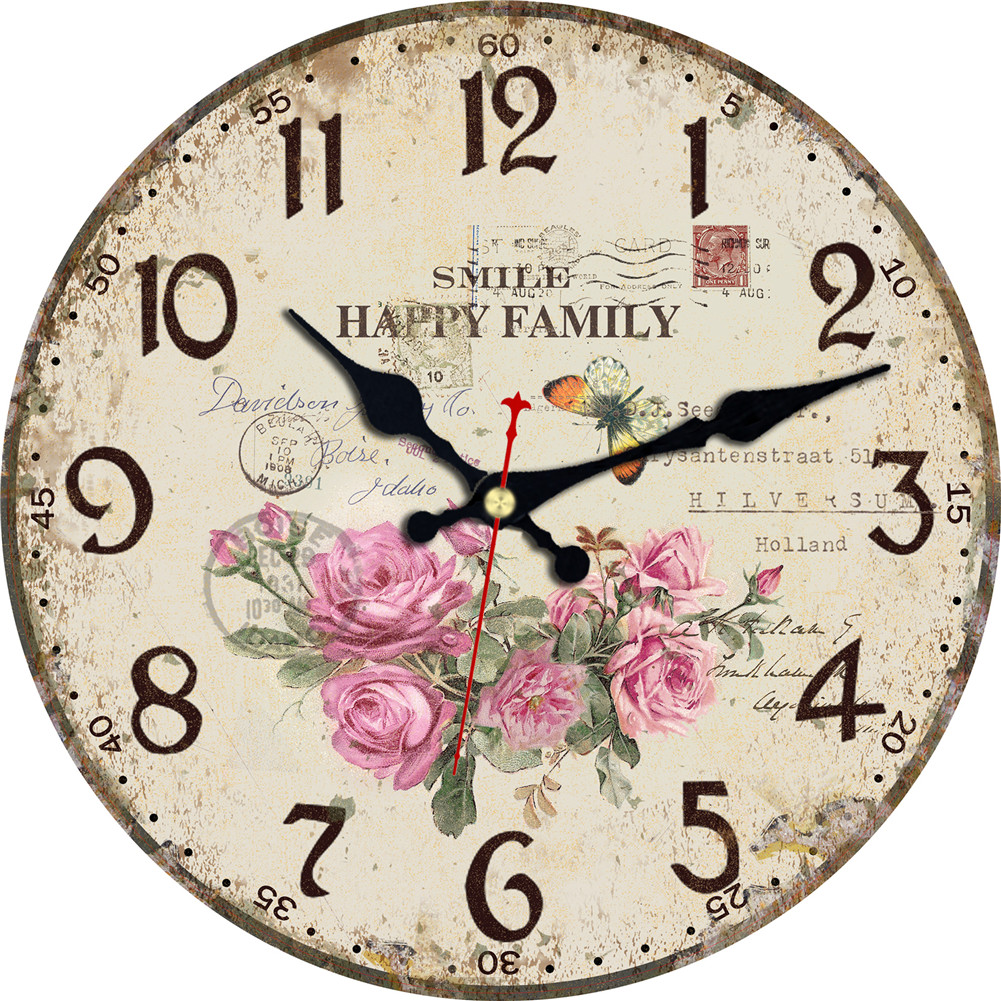 Reloj de pared redondo de madera con de flores y flores, reloj de pared redondo decorativo con de números arábigos, sin tic-tac, grande, para dormitorios y baño