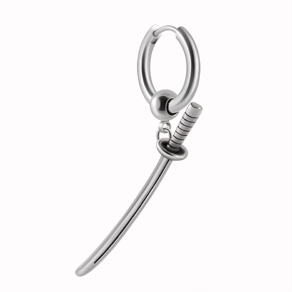 1Pc 361L Chirurgisch Staal Zwaard Hoop Punk Oorbellen Dangle Samurai Zwaard Oorbellen Lange Ketting Oorbellen Voor Vrouwen Mannen Oor sieraden: Rhodium Plated