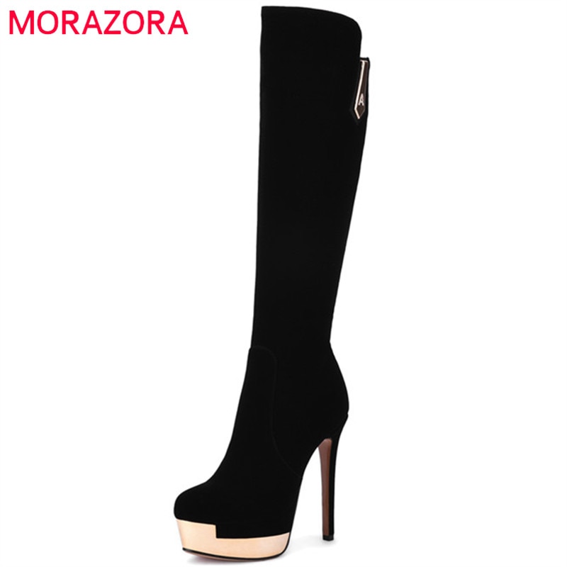 MORAZORA troupeau solide zip genou bottes hautes en automne hiver plate-forme bottes femme talons hauts chaussures femme élégante