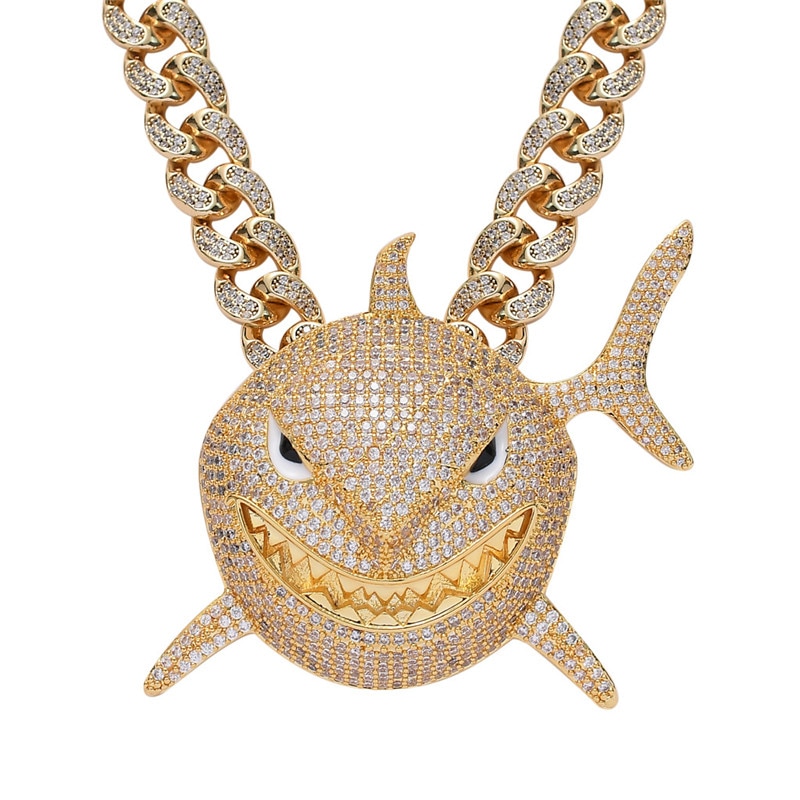 Hip Hop Big Shark Pendant Necklace Pave Bling Cubic Zircon Party Jewelry With Big Iced Out Crystal Miami Cuban Link Chain