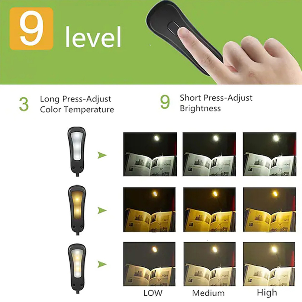 Rechargeable Book Light 10 LED Music Stand Lights Dimmable 3 Brightness×3 Color Light up 2 Full Pages Eye-Cared Clip on Light