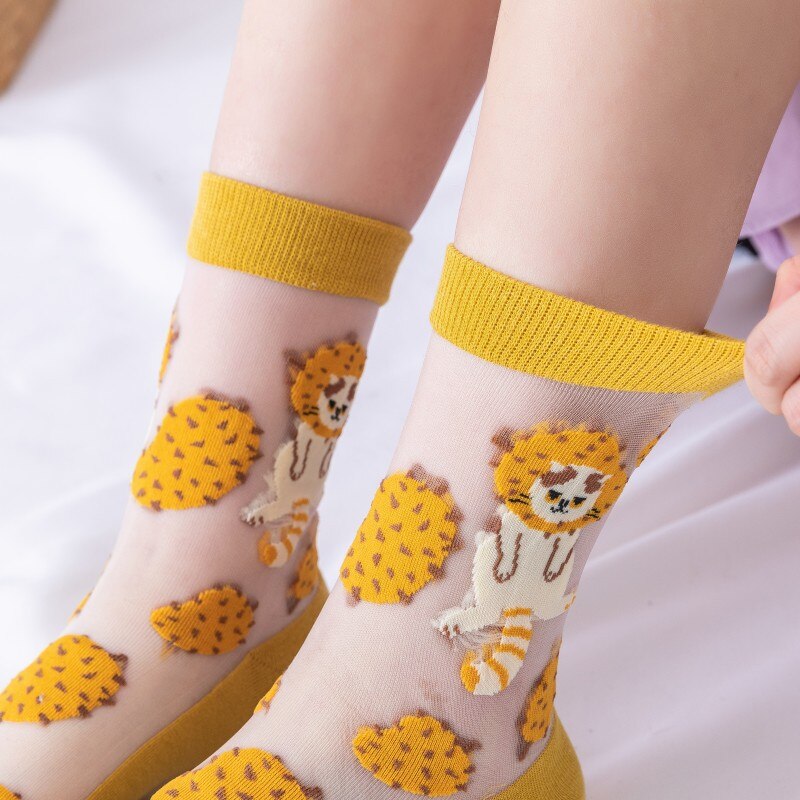 Japanese Korea Style Casual Transparent Crystal Silk Trend Women Socks Cartoon Fruit Ultrathin Glass Silk Socks Meias