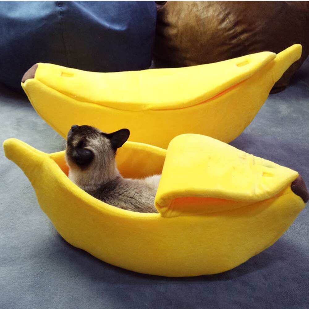 Lille kæledyrsseng bananform fluffy varm blød plys åndbar seng banan katteseng produkt til hjemmet kæledyr hund kat tilbehør