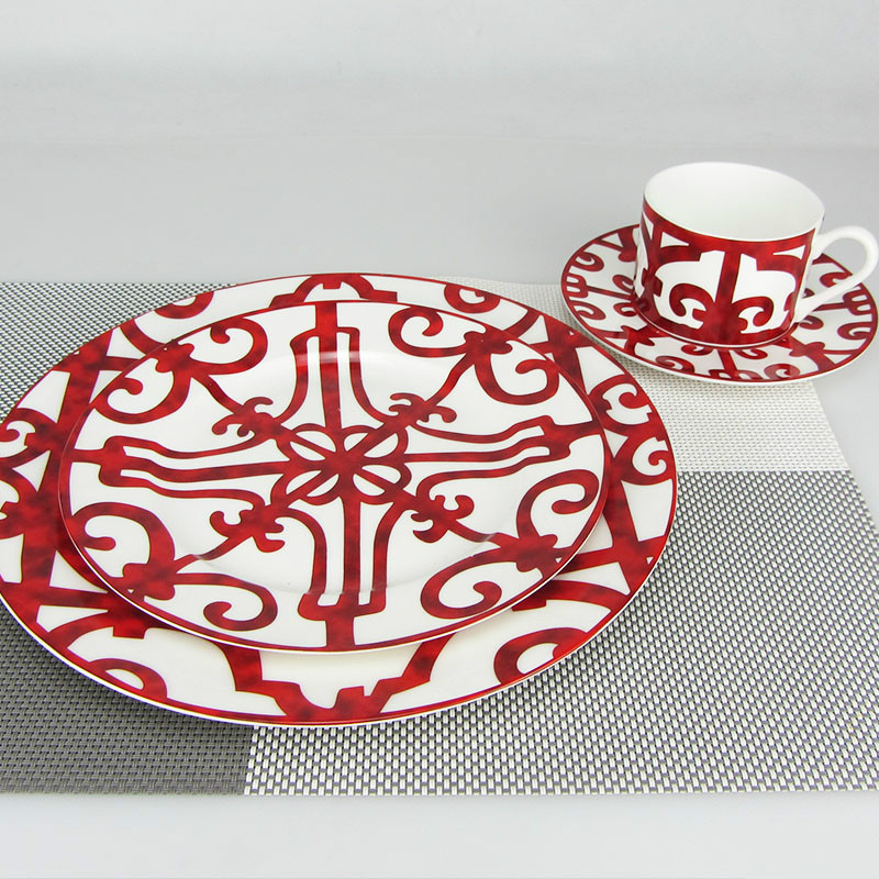 Juego de vajilla roja de hueso español, juego de platos y tazas de café